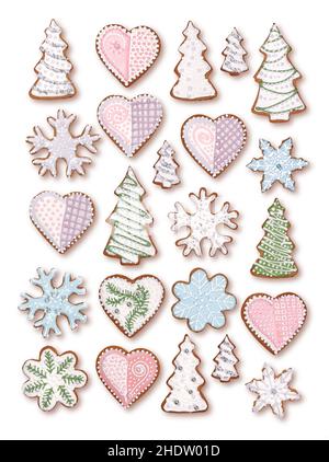 Sweet Christmas gingerbread cookies collection with colorful sugar icing decoration, isolated on white background Stock Photo