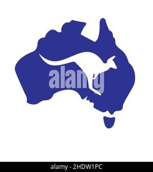 simplified blue Australia map with kangaroo silhouette icon isolated on white background vector isolated on white background Stock Vector