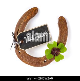 four leafed clover, horseshoe, good luck, four-leafed clovers, horseshoes Stock Photo