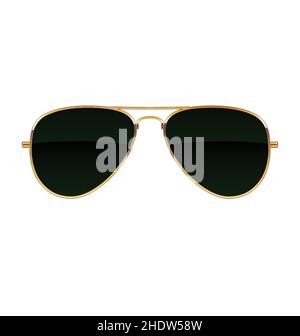 Cool simple Aviator Sunglasses with black lenses and gold frames vector isolated on white background Stock Vector