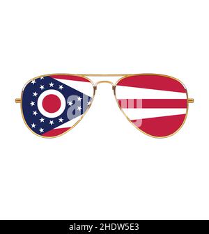 Cool simple Aviator Sunglasses with Ohio oh state flag in lenses gold frames tshirt design graphic vector isolated in white background Stock Vector