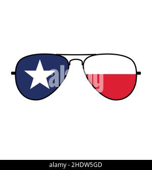Cool simple Aviator Sunglasses with Texas TX state flag in lenses vector isolated on white background Stock Vector