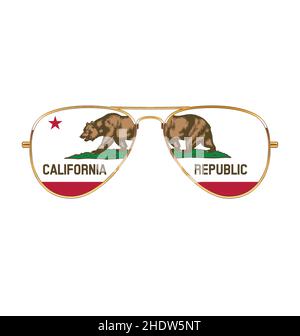 Cool Aviator Sunglasses with california ca flag in lenses gold chrome frames vector isolated on white background Stock Vector
