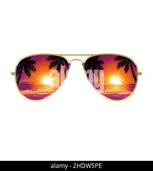Cool sunset beach reflected in Aviator Sunglasses with mirror lenses and gold frames vector isolated on white background Stock Vector
