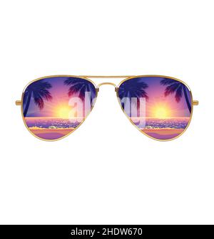 Cool sunset beach reflected in Aviator Sunglasses with mirror lenses and gold frames vector isolated on white background Stock Vector