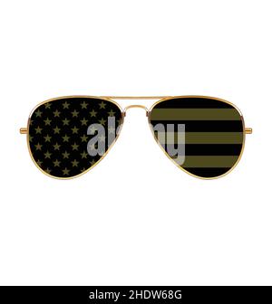 Cool simple Aviator Sunglasses with USA flag in lenses black and military olive drab khaki green with gold frames rims vector isolated on white backgr Stock Vector