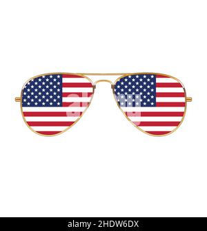 Cool gold rim frames Aviator Sunglasses with USA flag in lenses vector illustration isolated on white background Stock Vector