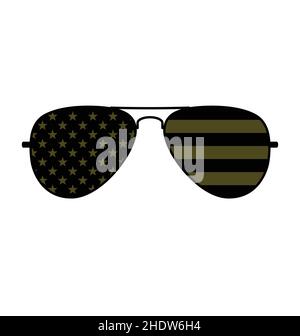 Cool simple Aviator Sunglasses with USA flag in lenses black and military olive drab khaki green vector isolated on white background Stock Vector