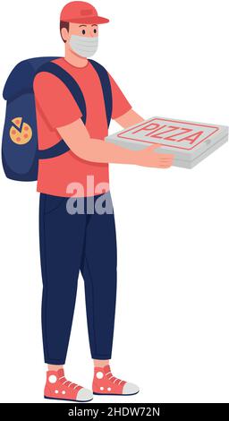 Courier in mask with pizza semi flat color vector character Stock Vector