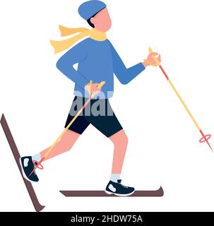 Man training on ski semi flat color vector character Stock Vector