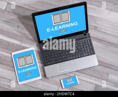 E-learning concept shown on different information technology devices Stock Photo
