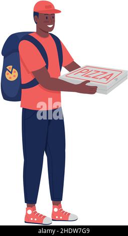 Delivery man with pizza semi flat color vector character Stock Vector