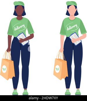 Delivery woman with eco package semi flat color vector character set Stock Vector