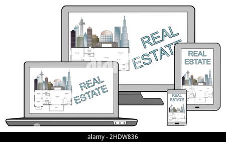 Real estate concept on different devices, isolated on white Stock Photo
