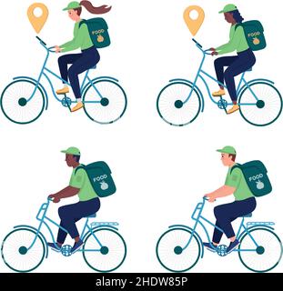 Delivery worker on bicycle semi flat color vector character set Stock Vector