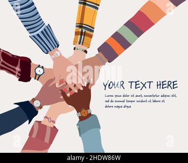 Group of hands on top of each other in a circle of diverse multi-ethnic and multicultural people.Community team partnership concept. Racial equality Stock Vector