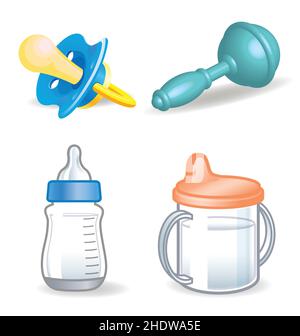 Various illustrated baby infant paraphernalia dummy pacifier bottles rattle set vector isolated on white background Stock Vector
