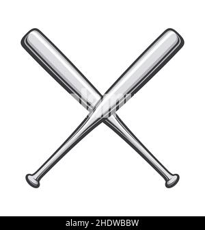 simple classic crossed vintage baseball bats grayscale logo gray cartoon shaded base ball vector isolated on white background Stock Vector