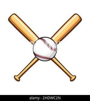 simple classic baseball with 2 crossed baseball bats wood cartoon shaded base ball vector isolated on white background Stock Vector