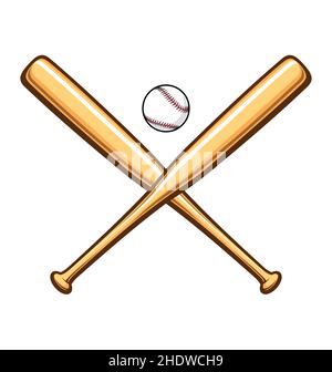 simple classic baseball with 2 crossed baseball bats wood cartoon shaded base ball vector isolated on white background Stock Vector