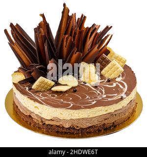 Layered chocolate cake with melted chocolate topping and chocolate decoration on white background Stock Photo