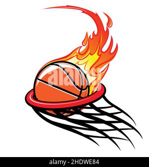 flaming stylized basketball through hoop logo vector isolated on white background Stock Vector