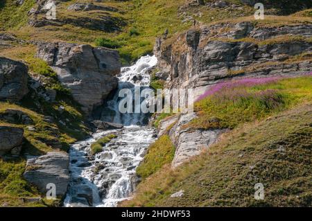 Waterfall near Bonneval-sur-Arc, Alps, Savoie (73), Auvergne-Rhone-Alpes region, France. Stock Photo