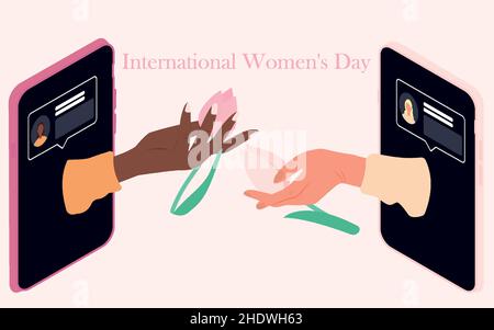 Happy International Women's Day on March 8.women are holding tulip flowers Stock Vector