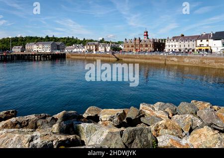 Offshore view back to town hall on waterfront from harbour in Stornoway, Isle of Lewis, Outer Hebrides, Scotland, United Kingdom - 11th of August 2012 Stock Photo