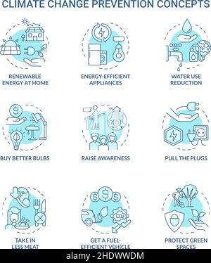 Climate change prevention turquoise concept icons set Stock Vector