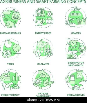 Agribusiness and smart farming green concept icons set Stock Vector