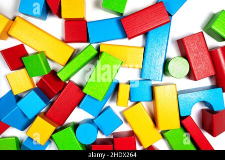 directly above view of colorful wooden toy blocks on white background Stock Photo
