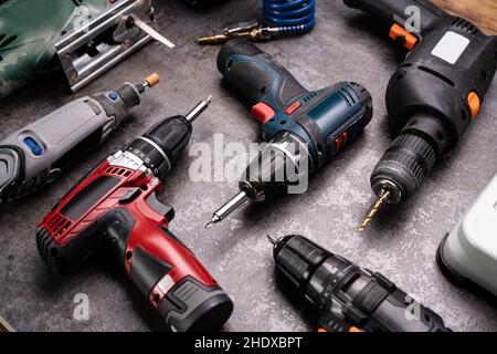 Electric Hand Power Tools In Repair Workshop Stock Photo