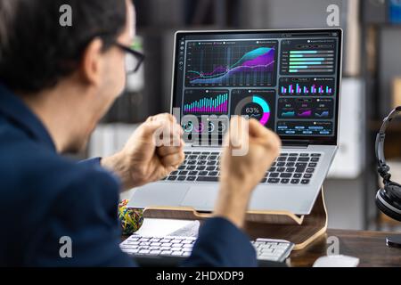 Excited Analyst Celebrating KPI Analytics Dashboard Growth Data Stock Photo