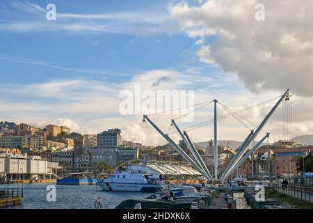 View of the Old Port with the Bigo and the Aquarium, modern structures designed by architect Renzo Piano in 1992, Genoa, Liguria, Italy Stock Photo