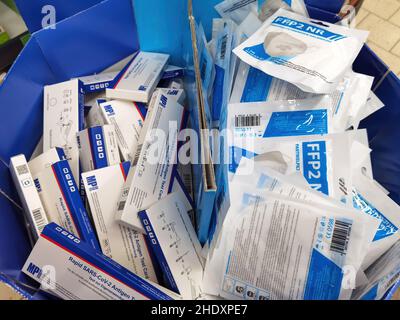 Berlin, Germany - July 26, 2021: Assortment of Corona FFP2 protective masks and antigen tests in a German supermarket. Stock Photo