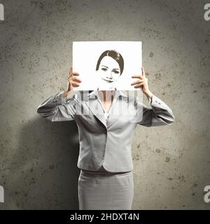 business woman, smiling, mask, copy, boss, business women, executive, executives, leader, leaders, manager, smile, masks, copies Stock Photo