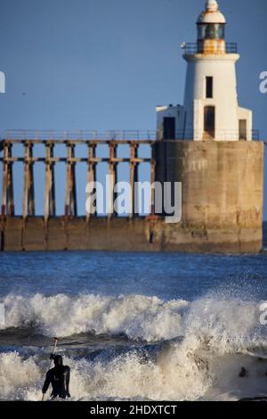 Blyth Harbour Lighthouse in Northumberland from  Blyth Beach Stock Photo