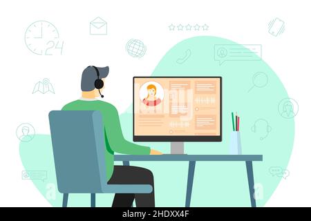 Call center operator man and hotline service icons. Male helpline worker with headphones at work. Online customer support department staff, telemarketing, consultation and assistance centre hot line Stock Vector