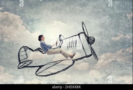 dreams, retro, flying, propeller machine, pilot, dream, dreaming, old fashioned, retro style, fly, to fly, propeller machines Stock Photo