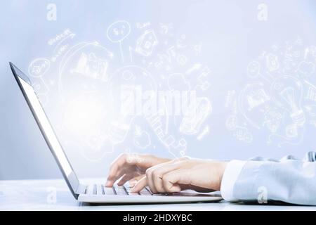 typing, idea, laptop, workplace, mind mapping, stenographer, ideas, computer, computers, laptops, workplaces, workstation Stock Photo