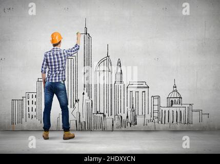 hardhat, architect, draft, sketching, hardhats, architects, drafts, drawing Stock Photo
