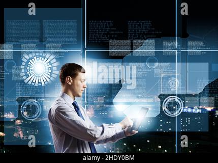 businessman, using, data, tablet-pc, boss, businessmen, executive, executives, leader, leaders, manager, datas, ipad, tablet pc Stock Photo