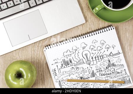 notepad, desk, workplace, mind mapping, notepads, desks, workplaces, workstation Stock Photo