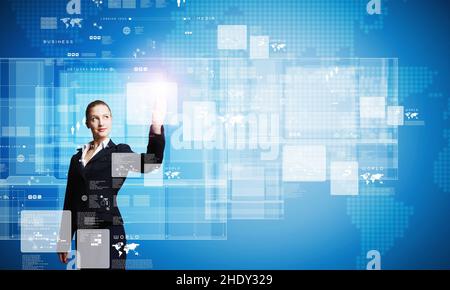 business woman, touchscreen, multimedia, enabling, boss, business women, executive, executives, leader, leaders, manager, touchscreens, multimedias, Stock Photo