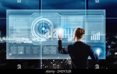business woman, touchscreen, multimedia, enabling, data analysis, boss, business women, executive, executives, leader, leaders, manager, touchscreens, Stock Photo