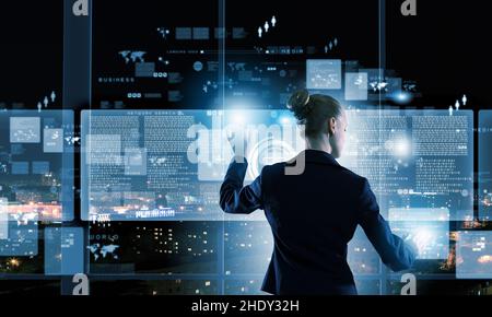 business woman, touchscreen, data, interface, multimedia, data analysis, boss, business women, executive, executives, leader, leaders, manager, Stock Photo