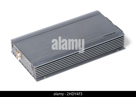 Powerful car low frequency amplifier for speaker system isolated on white Stock Photo