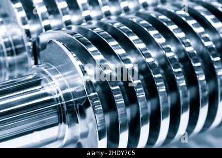 Close up  gears of screw compressor. Pneumatic unit. Device for compressing air. Chemical industry. Gas Oil refining, engineering technology concept Stock Photo