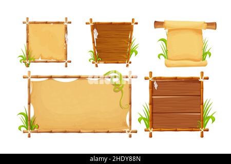 Set Frames from bamboo sticks, wooden planks, parchment paper decorated with rope, grass and liana in comic cartoon style isolated on white background. Border, jungle panel. Game asset, menu. Vector illustration Stock Vector